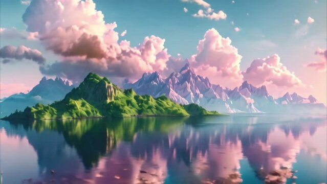 video Summer landscape with green islands on the surface of the water mountains on the horizon under the sky with fluffy pink clouds 3d illustration 
