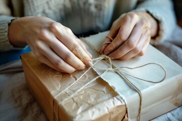 woman tying twine around brown papercovered book - obrazy, fototapety, plakaty