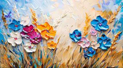 Fototapeta na wymiar Abstract background with beautiful flowers and a wheat field, oil painting in the style of palette knife, impasto, 3D effect, orange, blue, white, and golden colors, ultra detailed
