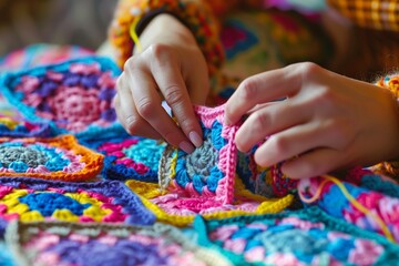 lady crocheting colorful granny squares for a quilt - obrazy, fototapety, plakaty