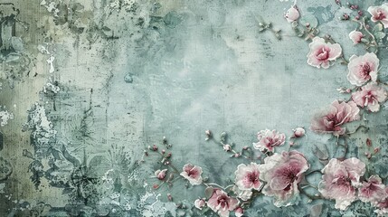 Painting depicting pink flowers against a gray backdrop with an ornate floral design, background, wallpaper, copy space