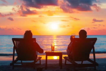 Selbstklebende Fototapeten Romantic Sunset Beach: Couple Enjoying Evening View © VuongThuc