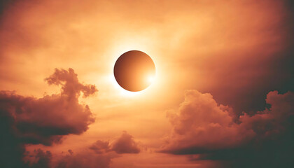 Solar Eclipse. Celestial Phenomenon Amidst Clouds - obrazy, fototapety, plakaty