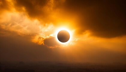 Solar Eclipse. Celestial Phenomenon Amidst Clouds - obrazy, fototapety, plakaty