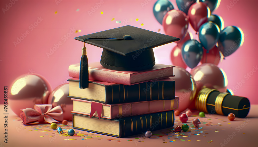 Poster a graduation cap on a pink background, placed on a stack of books with space for text. the scene is 