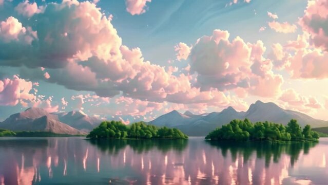 video Summer landscape with green islands on the surface of the water mountains on the horizon under the sky with fluffy pink clouds 3d illustration 