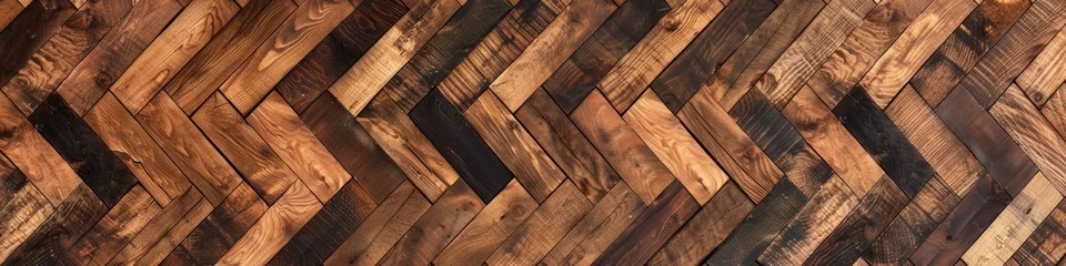 Foto op Plexiglas Warm-toned wood floor showing an intricate blend of herringbone and chevron patterns, background, wallpaper, banner © keystoker