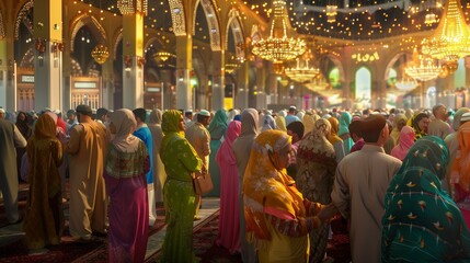 Obraz premium Eid al-Fitr celebration end of Ramadan, families and friends coming together for prayers and feast.