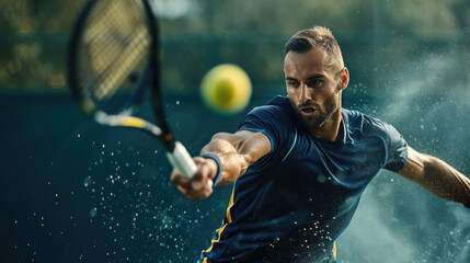 Professional tennis player hitting a tennis ball with his racquet. He has a determined look on his face, and he is clearly focused on the ball.