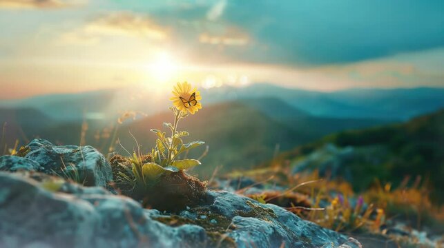 a beautiful flower on a mountain. seamless looping time-lapse virtual video Animation Background.
