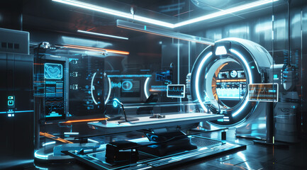 Sleek futuristic medical scanner room with circular structure and blue lighting, ai generated