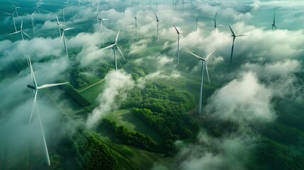 A breathtaking aerial view of a wind farm, with rows of towering turbines harnessing the power of the wind to generate clean, renewable energy. - obrazy, fototapety, plakaty