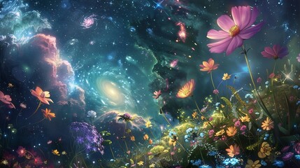 Fototapeta na wymiar A breathtaking view of a cosmic garden, with vibrant flowers blooming amidst swirling galaxies and radiant star clusters, creating an ethereal oasis in the depths of space.