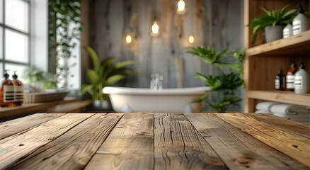 Wooden Tabletop Banner for Bathroom Product Display: Blurred Interior Background