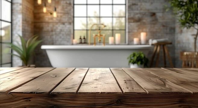 Wooden Tabletop Banner for Bathroom Product Display: Blurred Interior Background