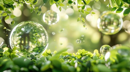 Abstract featuring various eco-friendly and growth-related elements The transparent glass spheres or bubbles are surrounded by lush green leaves - obrazy, fototapety, plakaty