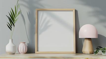A light wooden frame is placed on the sideboard of an empty room, with a pink lamp and gray wall in the background