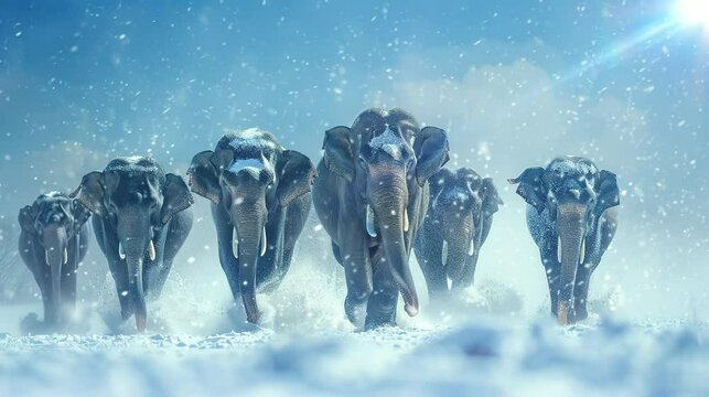 a herd of elephants walking together when winter arrives. seamless looping time-lapse virtual video Animation Background.