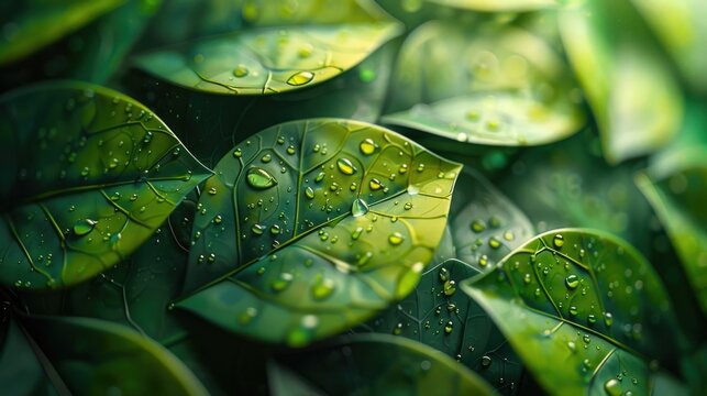 Close-up,detailed view of lush green foliage with glistening water droplets,creating a serene and natural aesthetic The image promotes a sense of environmental