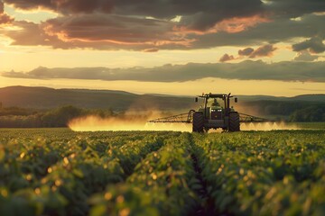 Naklejka premium Pesticide Spraying on Soybean Crops by Tractor in a Spring Evening. Concept Farming Practices, Pesticide Application, Soybean Crops, Tractor Machinery, Environmental Impact