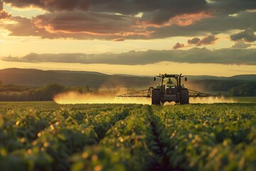 Pesticide Spraying on Soybean Crops by Tractor in a Spring Evening. Concept Farming Practices, Pesticide Application, Soybean Crops, Tractor Machinery, Environmental Impact