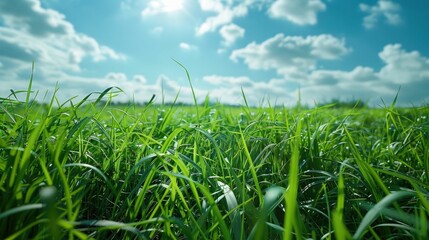 Fototapeta premium Natural landscape,with a vast expanse of lush,verdant grass stretching out under a clear,azure sky The scene exudes a sense of serenity and peacefulnes