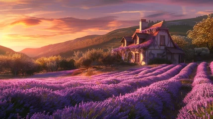 Poster A charming countryside cottage nestled among rolling hills and fields of blooming lavender, basking in the soft light of dawn. © Sardar