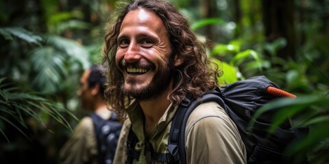 A handsome young man, backpack strapped securely, explores the lush trails of a tropical forest, embodying the spirit of travel and adventure.