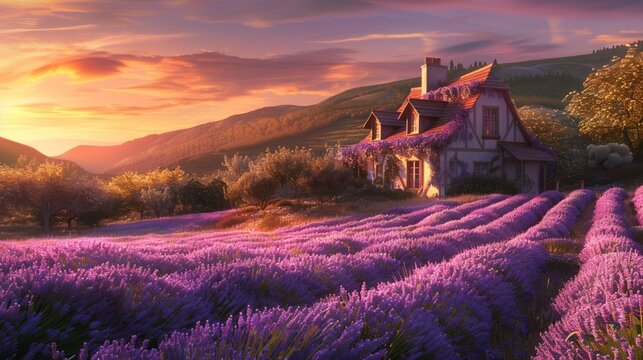 A charming countryside cottage nestled among rolling hills and fields of blooming lavender, basking in the soft light of dawn.
