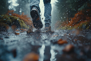 Fototapeta premium Muddy Motion: Intense Close-Up of Runner's Legs