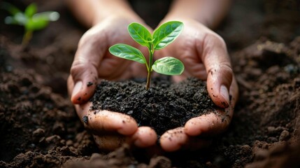 Caring hands of a person gently holding a small green plant,newly sprouted and rooted in rich,dark soil The scene evokes a sense of nurturing new life,of protecting
