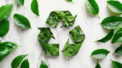 Environmentally conscious design concept The prominent recycling symbol made of green leaves highlights the central theme of sustainability - obrazy, fototapety, plakaty