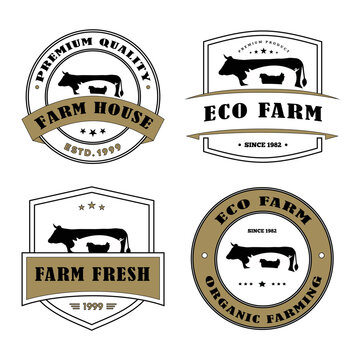 Set of farm house logo design, Beef farm badge, vintage farming logo, Organic Shop emblem Design Template, Business logotype with domestic animals cow chicken pig