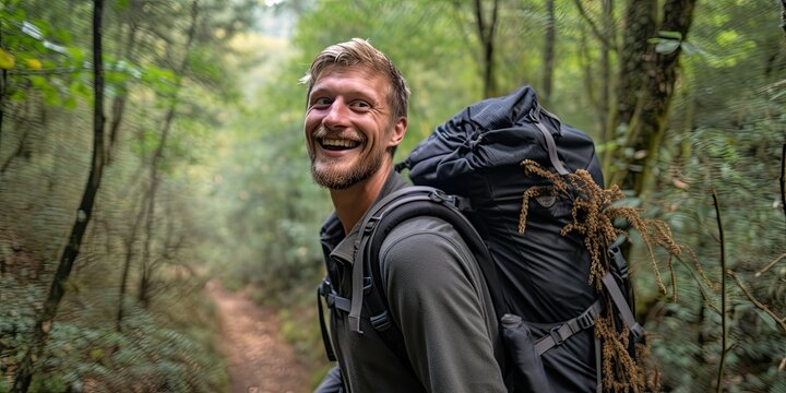 With determination in his eyes, a young man hikes through the vibrant foliage of a tropical forest, his backpack a symbol of readiness for adventure.
