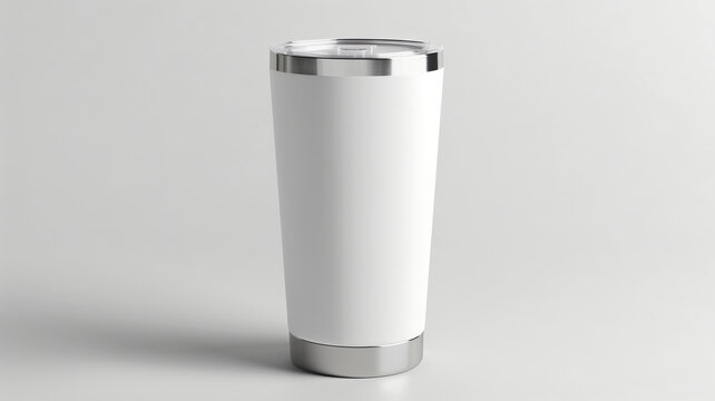 20oz white tumbler with silver trim, product mockup, isolated on solid background