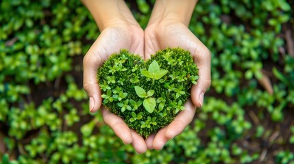 Naklejka na ściany i meble Hands gently cradling a heart-shaped formation made of lush,vibrant green leaves The image symbolizes the importance of nurturing and protecting the environment