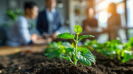Group of diverse business professionals gathered around a sprouting green plant,engaged in a collaborative discussion about eco-friendly strategies and sustainable solutions for their company