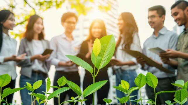 Group of diverse business professionals gathered around a sprouting green plant,engaged in a collaborative discussion about eco-friendly strategies and sustainable solutions for their company