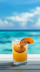 A refreshing peach cocktail garnished with fruit, served against the stunning backdrop of a calm blue sea, background, wallpaper. Summer relax mood, vacation.