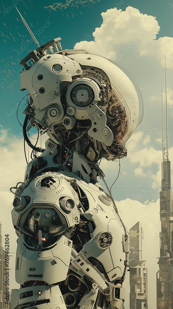Poster robot standing in front of a vast city.