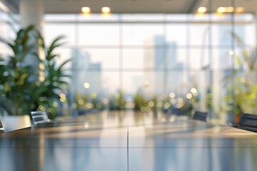 Beautiful blurred background image of a meeting room in a modern office with panoramic windows - obrazy, fototapety, plakaty