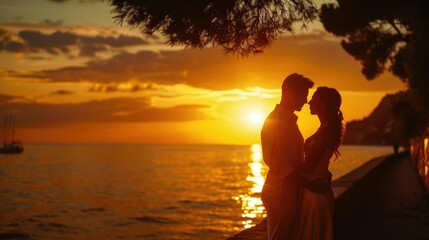 Couple silhouetted against a breathtaking tropical sunset by the ocean The serene,peaceful scene showcases the couple's intimate moment,surrounded by the natural