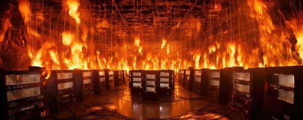 The data center's server room is engulfed in flames, jeopardizing the integrity of its advanced supercomputer technology amidst the raging fire.