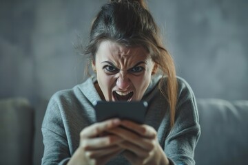 a young women staring at smartphone screen with angry face expression, get awful news in notice from bank, bad message, scam, fraud - obrazy, fototapety, plakaty