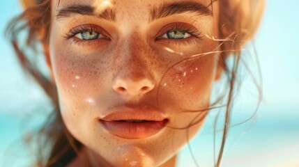 Close-up image showcases the natural beauty of a woman's sun kissed skin against the backdrop of a bright,sun drenched beach Her face is framed by wind-tousled hair,exuding a serene