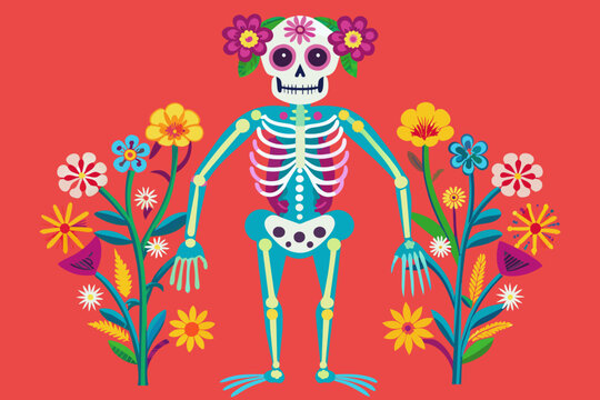 mexican full length skeleton painted with flowers
