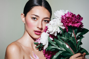 portrait woman person beauty blush pink face model girl make-up flower