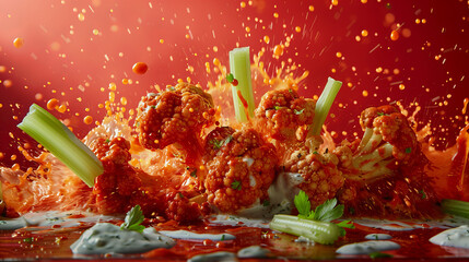 The second image freezes motion with a splash of vivid color and spice, enhancing the freshness of the cauliflower
