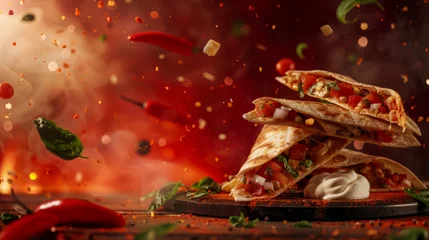 Foto op Canvas A mouthwatering display as quesadillas explode with ingredients against a fiery backdrop © road to millionaire