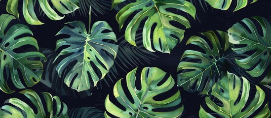 Watercolor monstera leaves seamless pattern on dark background. - obrazy, fototapety, plakaty